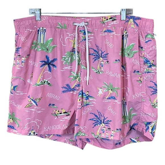 J.Crew Swim Trunk Board Shorts Pink Hawaiian Pattern Mesh Lining Pockets Mens XL - Picture 1 of 9